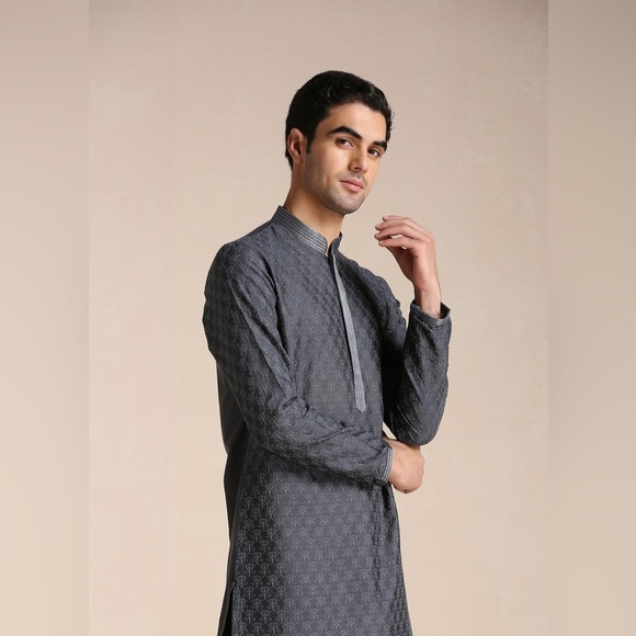 NWOT Manyavar Anchor Grey Silk Feel Kurta Pajama size M/38 - Picture 1 of 6